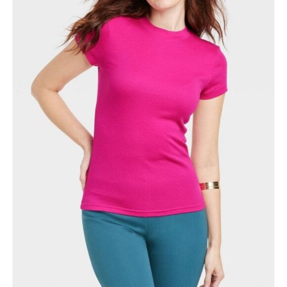 A New Day - Women's Slim Fit Short Sleeve Ribbed T-Shirt - Pink - Extra Large - Picture 1 of 15